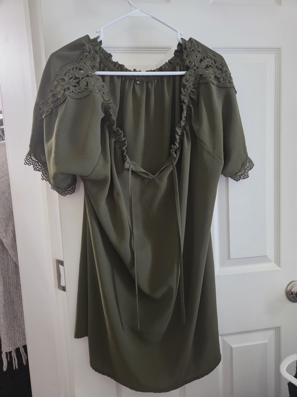 Olive Green Puff Sleeve Blouse with Lace Trim